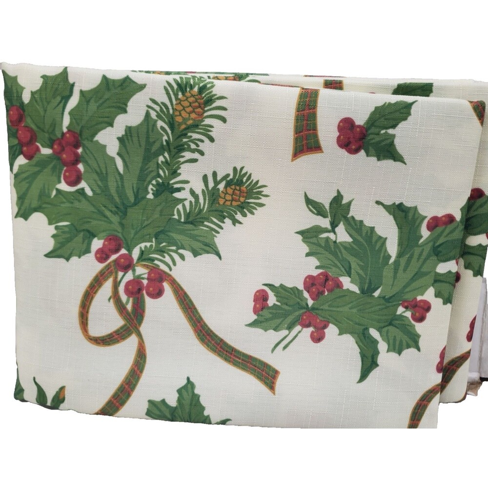 Fabric Linen Tablecloth 60"x84" Oblong, CHRISTMAS HOLLY BERRIES & RIBBONS, DG